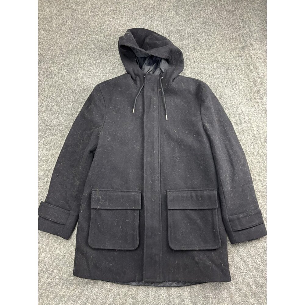 Topman Coat Mens Large Black Hooded‎ Wool Blend Parka Quilted Lined Jacket Zip